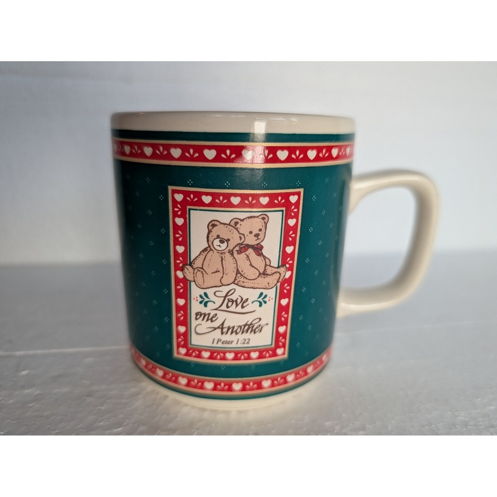 Vintage 1988 Enesco Love One Another Teddy Bear Coffee Mug 1 Peter 1:22 Teal